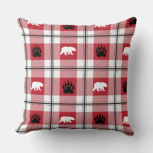 Cute Red White & Black Bear and Paw Plaid Pattern Cushion
