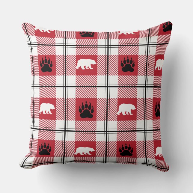 Cute Red White & Black Bear and Paw Plaid Pattern Cushion (Front)