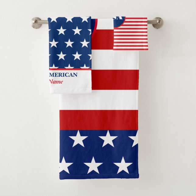 Cute Red White Blue American Flag Personalised     Bath Towel Set (Insitu)