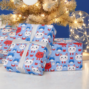Cute Red White Blue Cat Heads Pattern Animals Kids Wrapping Paper