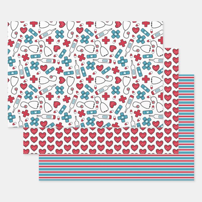 Cute Red White Blue Nurse Doctor Medical Patterns Wrapping Paper Sheet (Set)