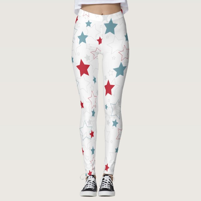 Cute Red White & Blue Patriotic Stars Leggings (Front)