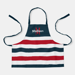 Cute Red White Blue Stripes Monogram Kids Apron