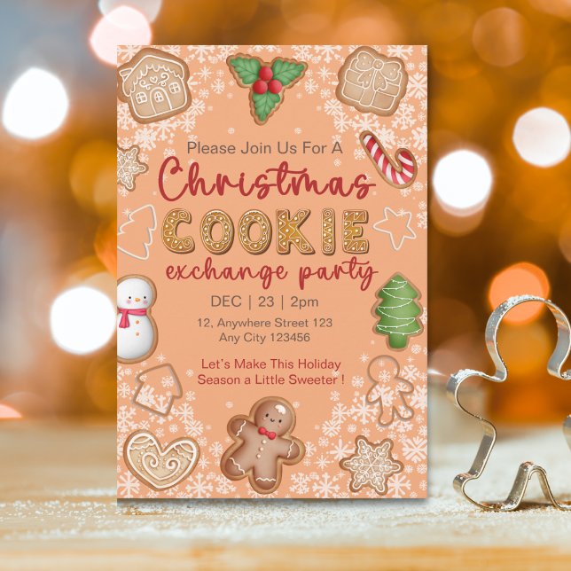 Cute Red White Brown Christmas Cookie Exchange  Invitation (Creator Uploaded)
