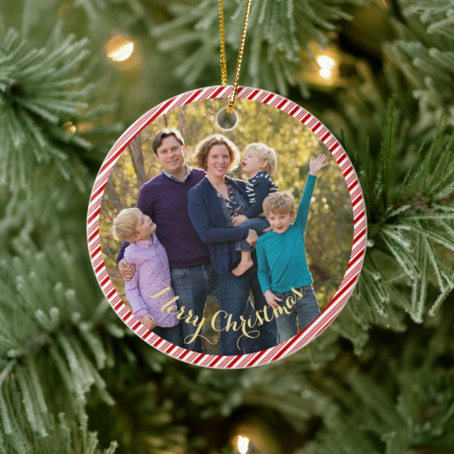 Cute Red White Candy Cane Stripes Photo Christmas Ceramic Tree Decoration (Tree)