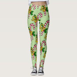 Cute Red White Candy Canes Light Green Christmas Leggings