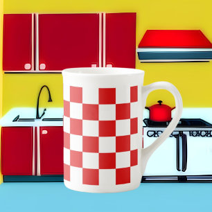 cute red white check pattern bone china mug