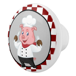 cute red white chequered chef pig ceramic knob
