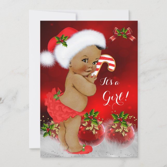 Cute Red White Christmas Baby Shower Girl Ethnic Invitation (Front)