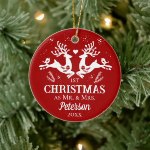 Cute Red White First Christmas Deer in Love Ceramic Tree Decoration