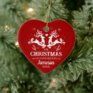 Cute Red White First Christmas Grandparents Deer Ceramic Tree Decoration