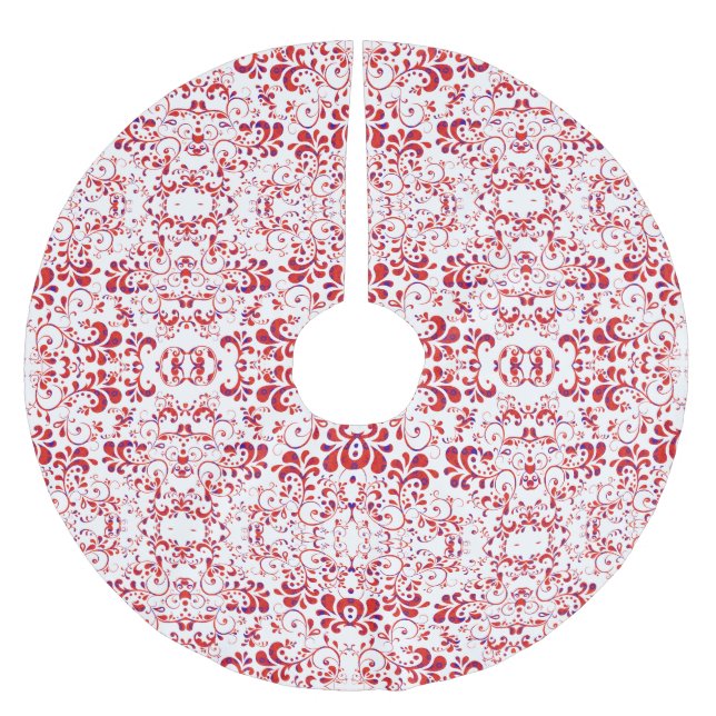 Cute red white floral pattern brushed polyester tree skirt (Front)