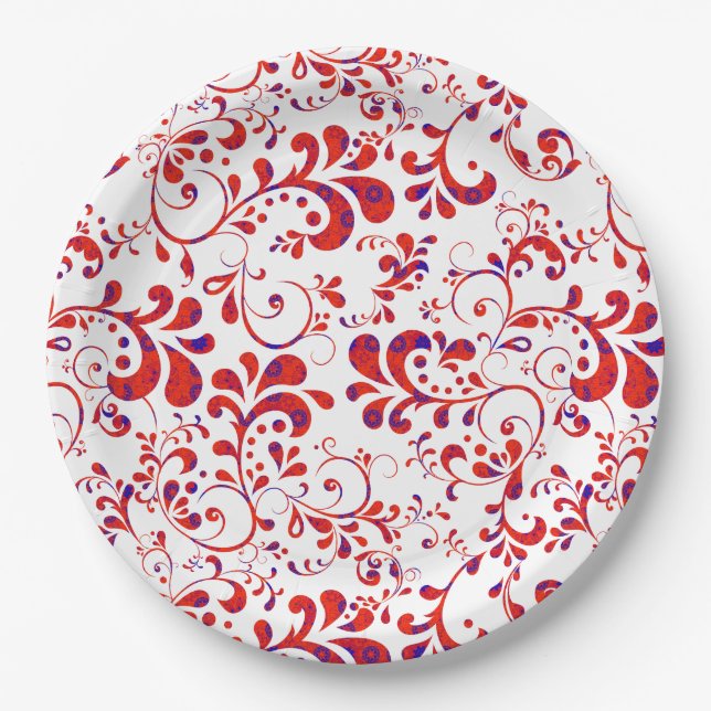 Cute red white floral pattern paper plate (Front)