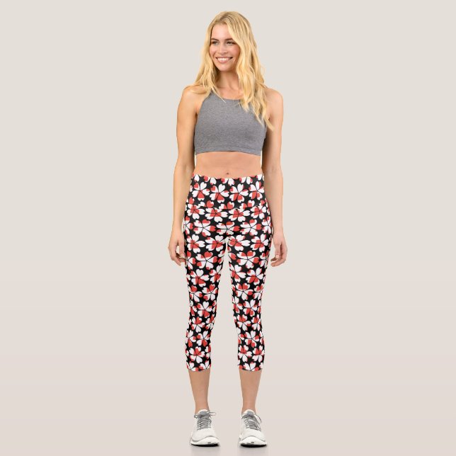 Cute red white flowers patterns light switch cover capri leggings (Front)