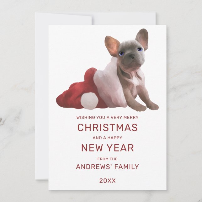 Cute Red White French Bulldog Santa Hat Christmas Holiday Card (Front)