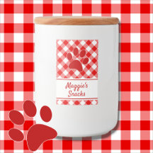 Cute Red White Gingham Chequered Pattern Paw Name