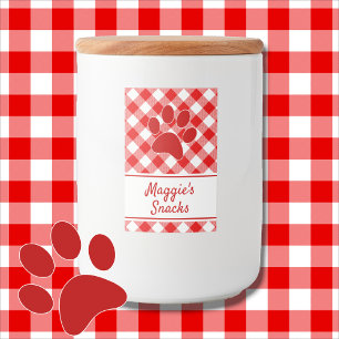 Cute Red White Gingham Chequered Pattern Paw Name Food Label