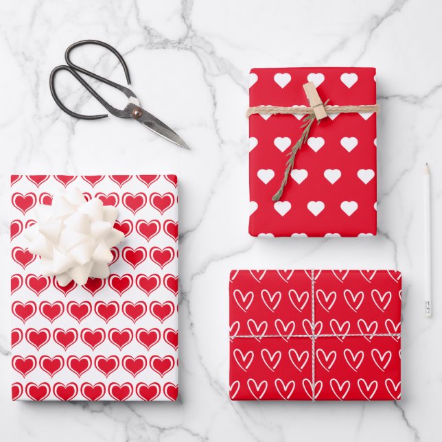 Cute Red White Hearts Pattern Valentine Wrapping P Paper Sheet (Front)