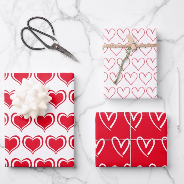 Cute Red White Hearts Pattern Valentine Wrapping Paper Sheet (Front)