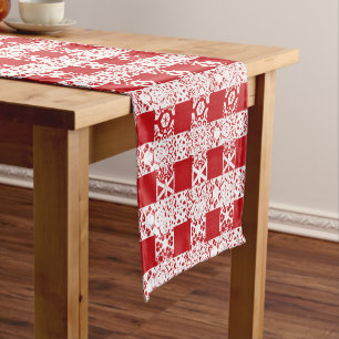 Cute red white lace grid plaid pattern Christmas Short Table Runner