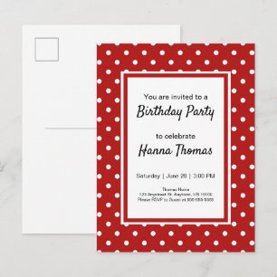 Cute Red White Polka Dot Birthday Party Invitation Postcard