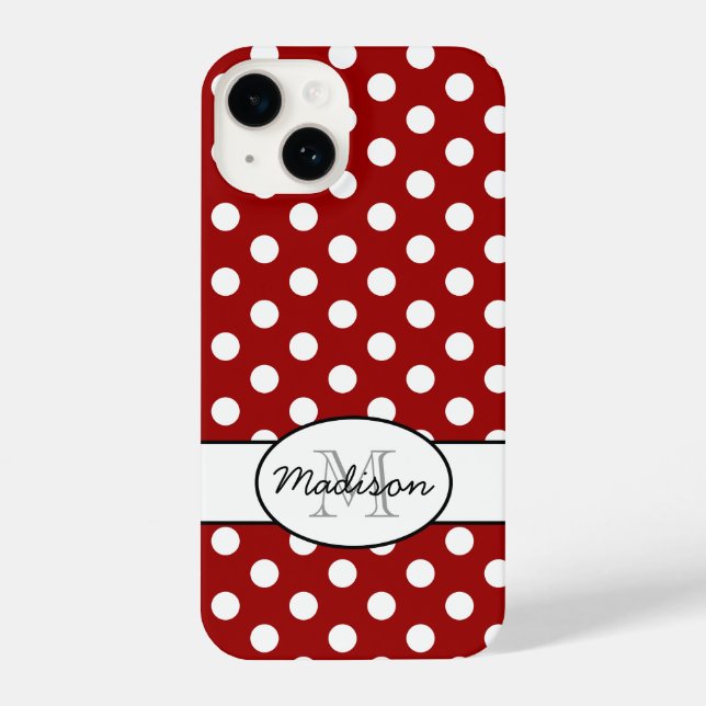 Cute Red White polka dots retro pattern Monogram iPhone Case (Back)