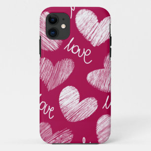 Cute Red White Scribbled Hearts with Love Script iPhone 11 Case