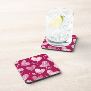 Cute Red White Scribbled Hearts with Love Script Coaster