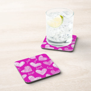 Cute Red White Scribbled Hearts with Love Script Coaster