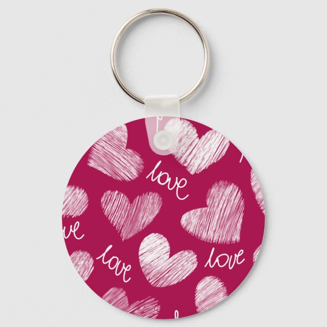 Cute Red White Scribbled Hearts with Love Script Key Ring (Front)