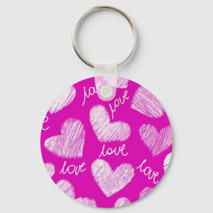 Cute Red White Scribbled Hearts with Love Script Key Ring