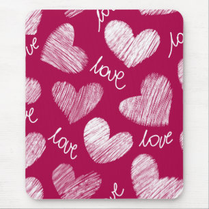 Cute Red White Scribbled Hearts with Love Script Mouse Mat