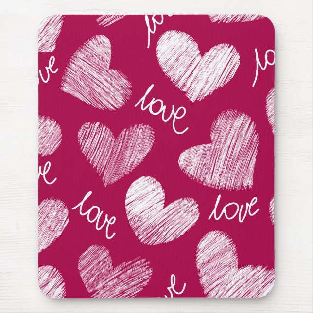 Cute Red White Scribbled Hearts with Love Script Mouse Mat (Front)
