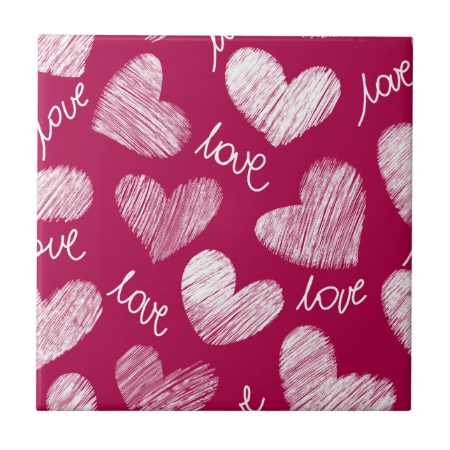 Cute Red White Scribbled Hearts with Love Script Tile (Front)