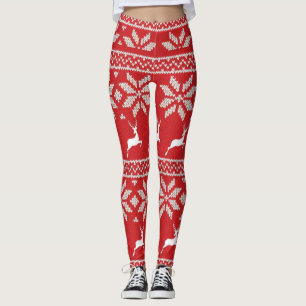 Cute Red White Snow Flake Deer Pattern Festive Leggings
