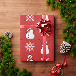 Cute Red White Snowflake Snowman Christmas Gift Wrapping Paper