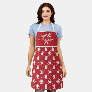 Cute Red White Snowflakes Pine Tree Gigi Christmas Apron