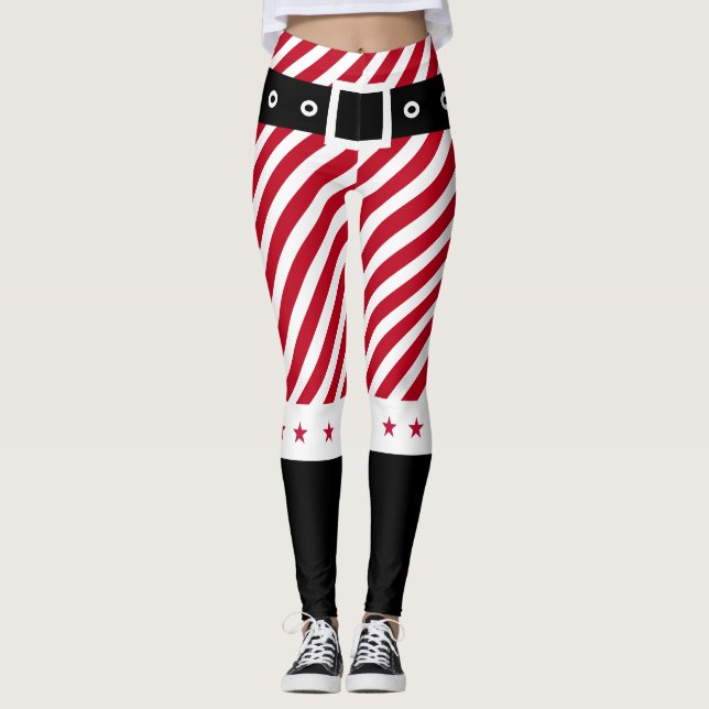 Cute Red White Stripes Candy Cane Stars Christmas Leggings (Front)