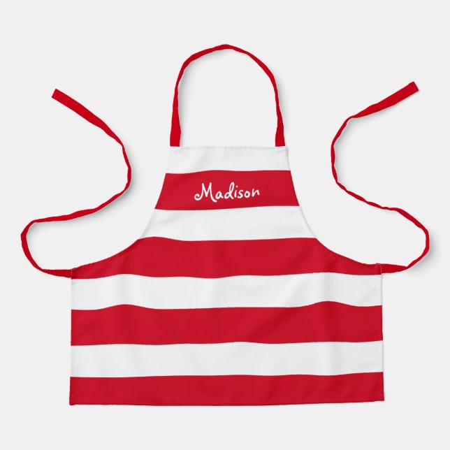 Cute Red White Stripes Kids Personalised Apron (Front)