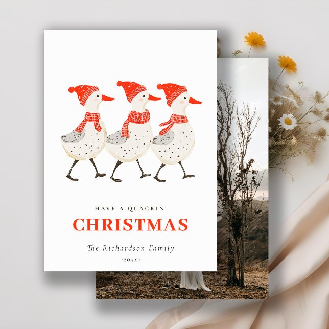 Cute Red Winter Quacking Christmas Ducks Photo Holiday Card (Creator Uploaded)