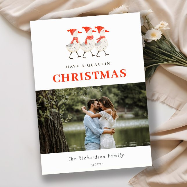 Cute Red Winter Quacking Christmas Ducks Photo Holiday Card (Creator Uploaded)