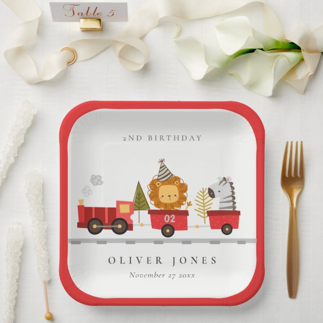 Cute Red Woodland Animal Train Any Age Birthday  Paper Plate (Wedding)