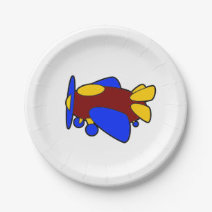 Cute Red Yellow Blue Aeroplane Cartoon for Kids Paper Plate