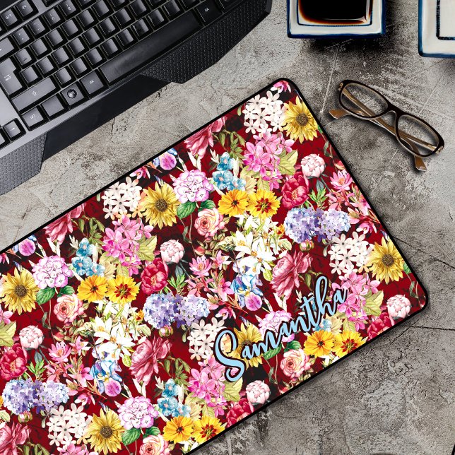 Cute red yellow elegant Floral monogram  Desk Mat (Creator Uploaded)