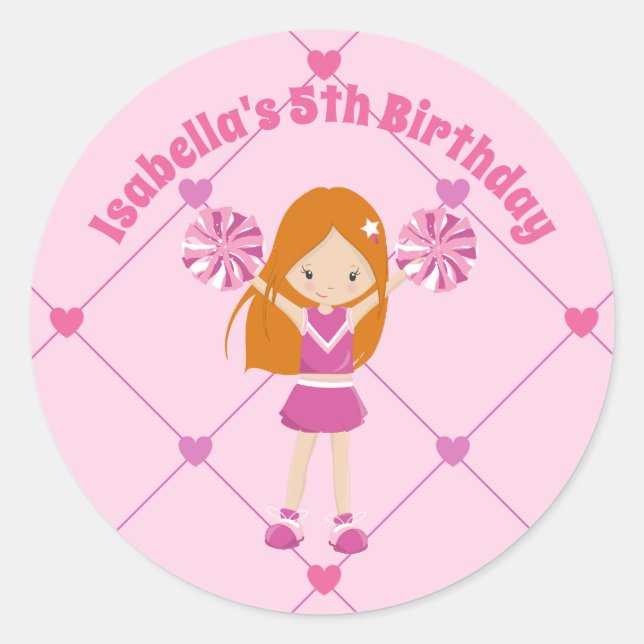 Cute Redhead Cheerleader Custom Birthday Party Classic Round Sticker (Front)