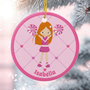 Cute Redhead Cheerleader Pink Custom Christmas Ceramic Tree Decoration