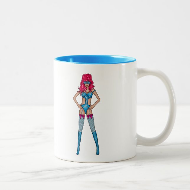 Cute redhead geek superwoman in blue bodysuit Two-Tone coffee mug (Right)