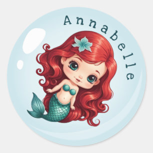 Cute Redhead Mermaid in a Bubble Personalise Classic Round Sticker