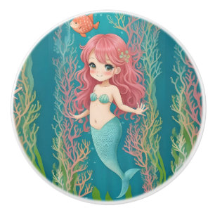 Cute Redhead Mermaid Kids Ceramic Knob