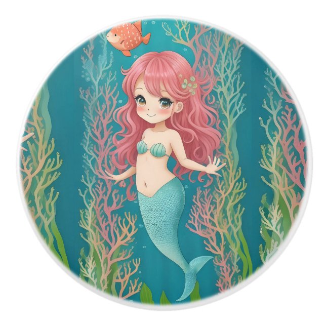 Cute Redhead Mermaid Kids Ceramic Knob (Front)